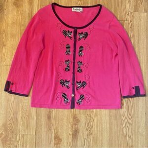 Timberlea Sweater Cats Sz M Pink Embroidered Kitties Black Trim Light Weight‎